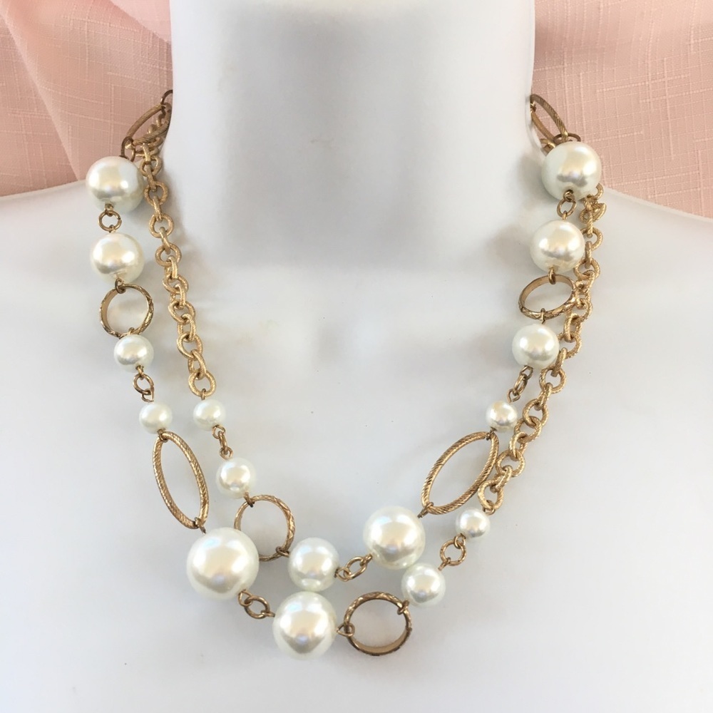 Faux Pearl & Gold Beads Fashion Long Necklace